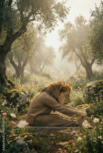 lion doing yoga surrounded by beautiful nature