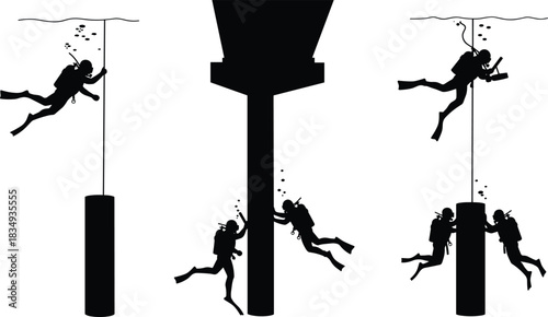 Underwater construction divers working on submerged structures with ropes and equipment, teamwork, industrial marine engineering silhouettes for infrastructure maintenance