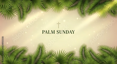 Palm fronds frame a cross and text celebrating Palm Sunday.