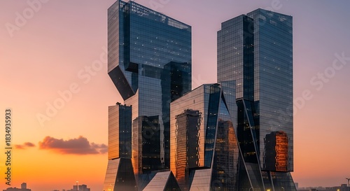 Modern skyscrapers gleam under a vibrant sunset sky.