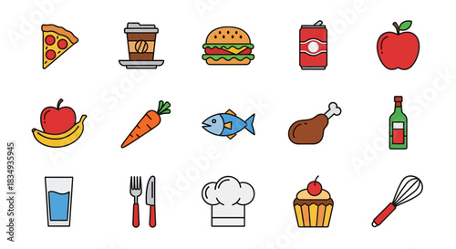 Isolated flat lay style illustration showcases an assortment of colorful food items, including pizza, burger, fish and apple, arranged on a white background.