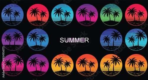 Vibrant tropical sunset circle icons featuring palm tree silhouettes, colorful gradient skies, summer beach scenery designs perfect for vacation themes, retro aesthetics, and creative digital artwork