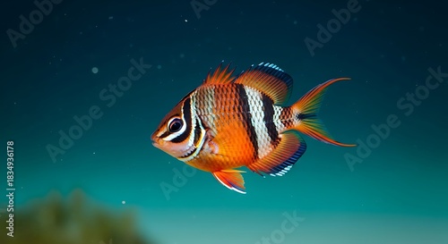 Small, striped orange fish swims in tranquil blue water.
