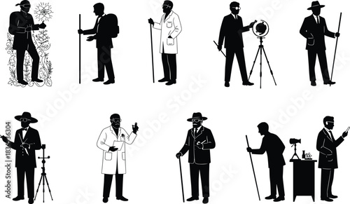 Vintage explorer, scientist, and academic silhouette collection featuring research tools, surveying equipment, outdoor gear, and historical study poses for educational and creative projects