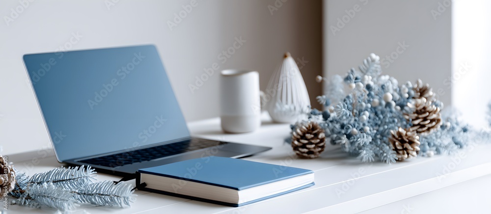 Fototapeta premium Desk with laptop and notebook with minimalist Christmas decoration