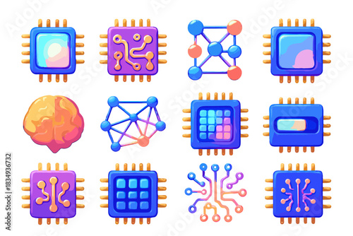 D vector bar chip processor smart glowing grid ai brain icon deep