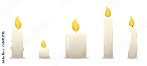 Candle animation. Steps of burning fire. Set of icons for video. Effect of moving flame. Christmas or holiday decoration. Vector illustration.