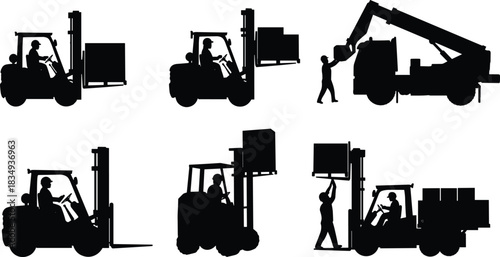 Warehouse and construction workers operating forklifts and cranes, loading and unloading cargo, boxes, and materials with teamwork and safety equipment