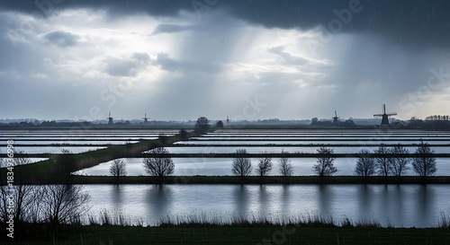 Historic windmills stand in a flat, watery landscape under a stormy sky.