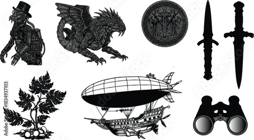 Vintage steampunk illustration featuring mechanical dragon, robot, airship, antique dagger, coin, binoculars, and botanical art, fantasy retro adventure theme, detailed engraving style
