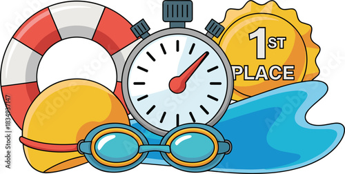Dynamic Vector Illustration of Swimming and Aquatic Sports Competition Gear Featuring a Stopwatch, Goggles, Swim Cap, Lifebuoy, Gold Medal for 1st Place, and Blue Water Splash.