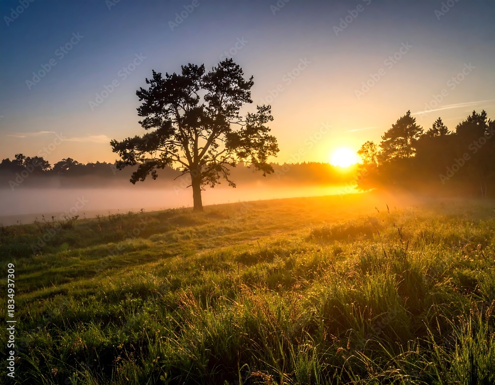 Fototapeta premium Sunrise over field with a tree, illuminated by golden light