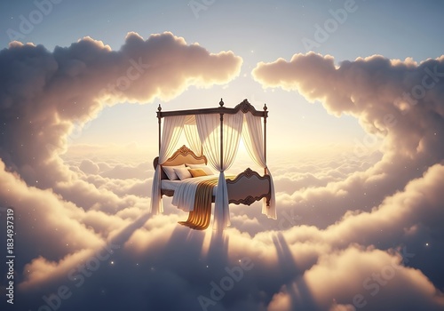 Canopy bed floats in clouds under golden sky with ethereal light.