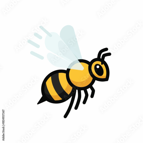 Cartoon bee flying with wings and stripes in a cute illustration.