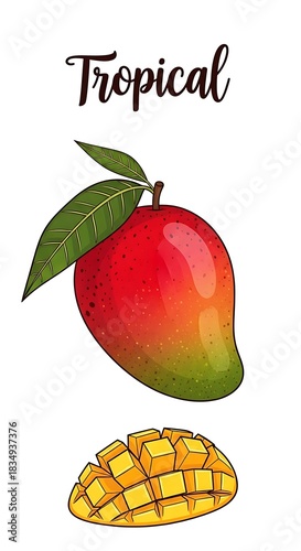 Ripe tropical fruit and diced pieces with green leaves.