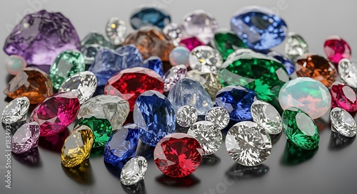 Assorted colorful gemstones glitter and shine on a dark reflective surface.