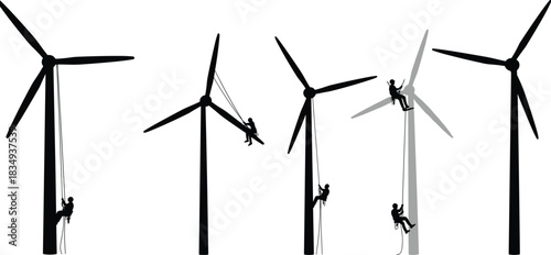 Wind turbine maintenance workers performing rope access inspection high above ground, renewable energy industry safety teamwork on wind farm structures