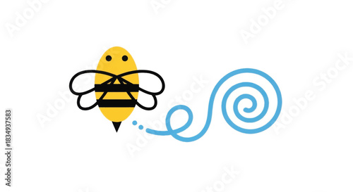 Cute cartoon bee flying leaving a blue swirl trail.