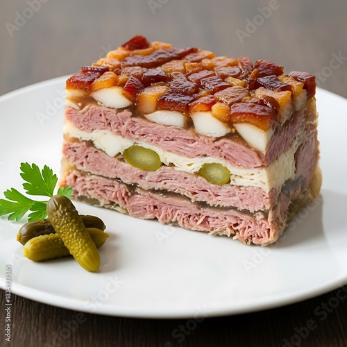 Savory layered terrine with pickles and parsley adorns white plate.