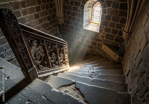 Ancient stone staircase with ornate wooden railing and stained glass window.