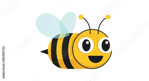 Cute cartoon bee with big eyes and a happy smile flying.