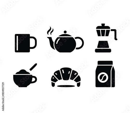 Monochrome Vector Icon Set Featuring Essential Morning and Cafe Items Including Coffee Mug, Steaming Teapot, Moka Pot, Croissant, Spoon, and Bag of Coffee Beans for Menu and App Design.