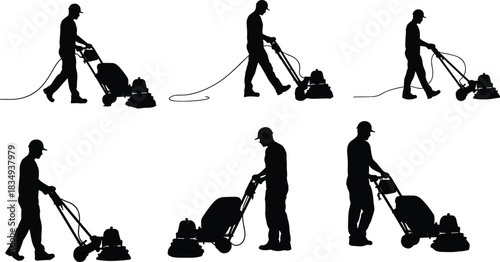 Worker silhouette operating industrial floor polishing machine, professional cleaning service maintaining concrete surface in commercial building interior maintenance scene