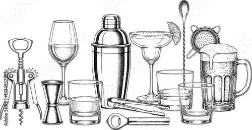 Bar Tools & Drinkware Vintage Vector Set – Cocktail Shaker, Glasses, Beer Mug, Opener