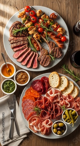 Generous meat platter features grilled steaks, skewers, sausages, and cured meats.