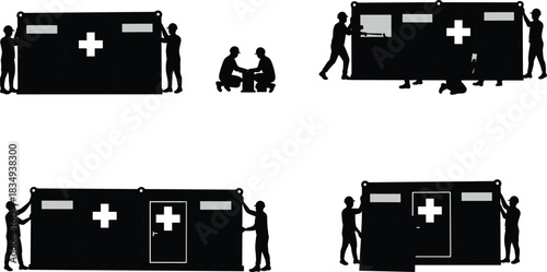 Workers assembling modular medical container clinic with first aid cross symbol, healthcare emergency setup, mobile treatment facility construction process, teamwork concept