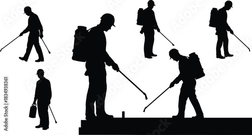 Workers applying pesticide or chemical spray using backpack sprayer, pest control and disinfection process, agriculture protection and maintenance work, vector illustration concept