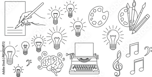 Creativity & Ideas Icon Set – Light Bulbs, Writing Hand, Art Tools, Brain, Typewriter, Music Notes Vector