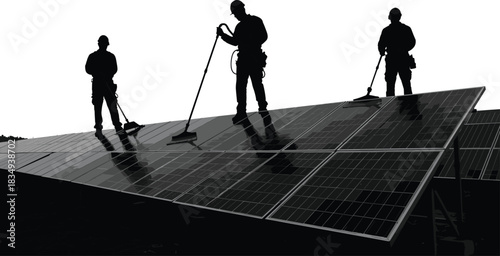 Workers cleaning large solar panel installation on elevated structure, renewable energy maintenance teamwork ensuring efficiency, professional photovoltaic system care