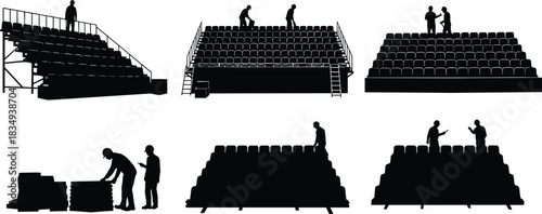 Workers assembling tiered seating structure for public events, professional installation of temporary grandstand bleachers, teamwork in venue preparation and staging setup