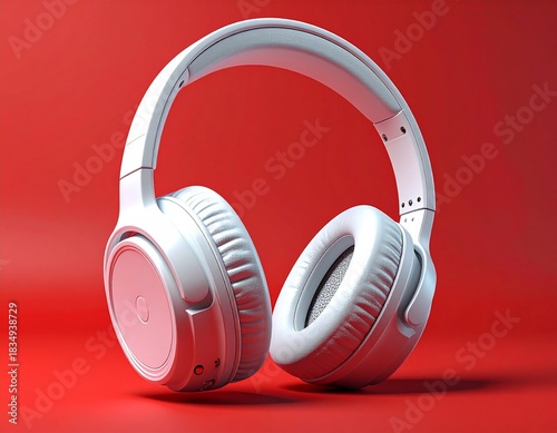 3D Rendering white headphones isolated on red background