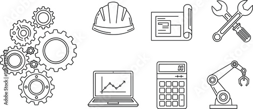 Engineering & Industrial Icon Set – Gears, Hard Hat, Blueprint, Tools, Laptop Analytics, Calculator, Robotic Arm Vector