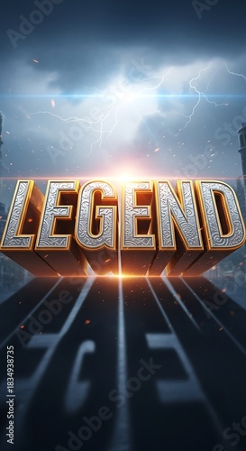 The word legend appears in bold 3d letters with a dramatic storm backdrop.
