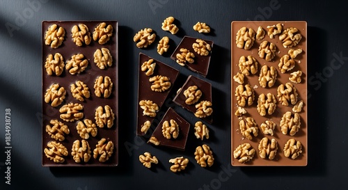 Dark and milk chocolate bars with walnuts are on dark surface.