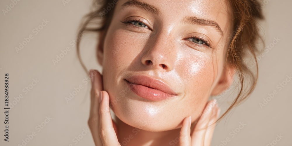 Fototapeta premium Woman touching face close up portrait soft skin natural glow beauty