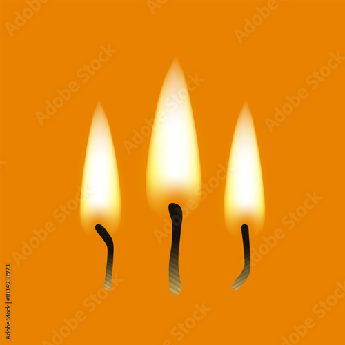 Vector realistic flame of a candle or match icon set closeup isolated on transparency grid background. Flames vector 10 eps.