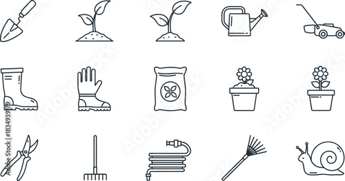 Gardening Icons Set — Tools, Plants, Watering, Lawn Care, Pots & Garden Supplies