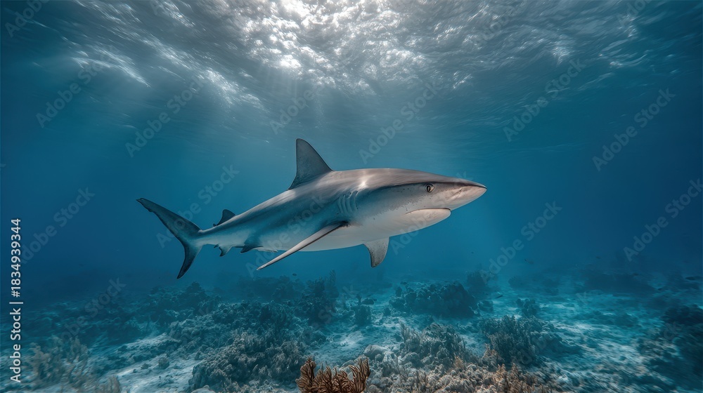 Obraz premium Shark gliding gracefully through clear ocean waters in a vibrant coral reef environment