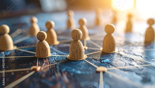 Wooden figures connected by a network