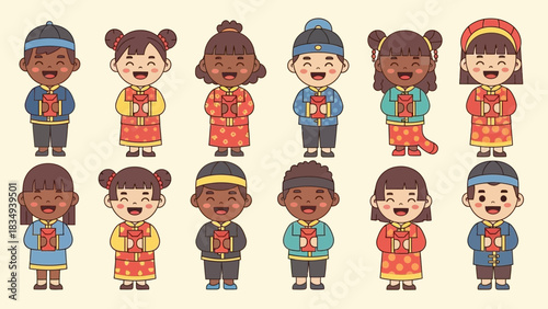 Diverse children celebrate lunar new year holding red envelopes in traditional clothing