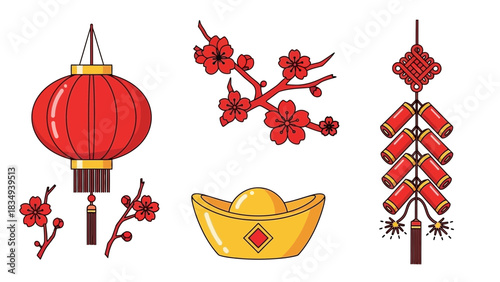 Chinese new year decorations featuring lantern blossom gold ingot and firecrackers