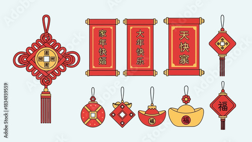 Chinese new year decorations featuring knots scrolls and ingots for festive designs