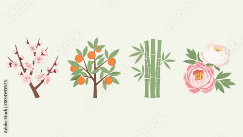 Elegant botanical illustration featuring cherry blossoms oranges bamboo and peonies