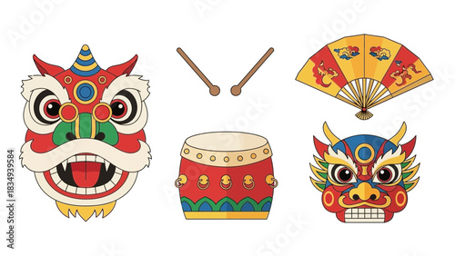 Chinese new year celebration with dragon dance mask drum fan and drumsticks art