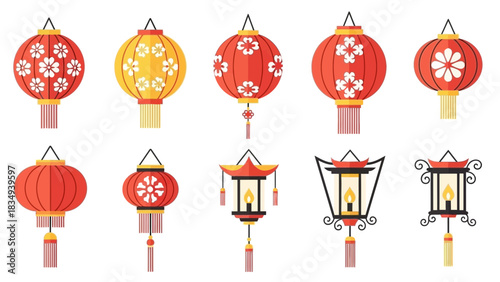 Collection of festive chinese lanterns in red and yellow for lunar new year decor