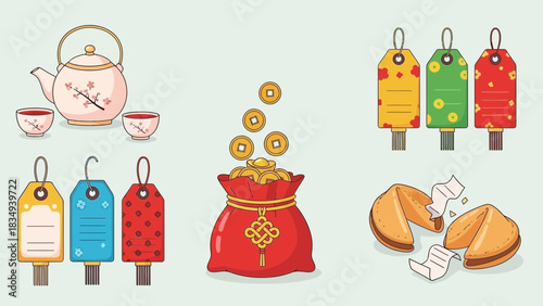 Chinese new year celebration with teapot fortune cookies and lucky money bag design